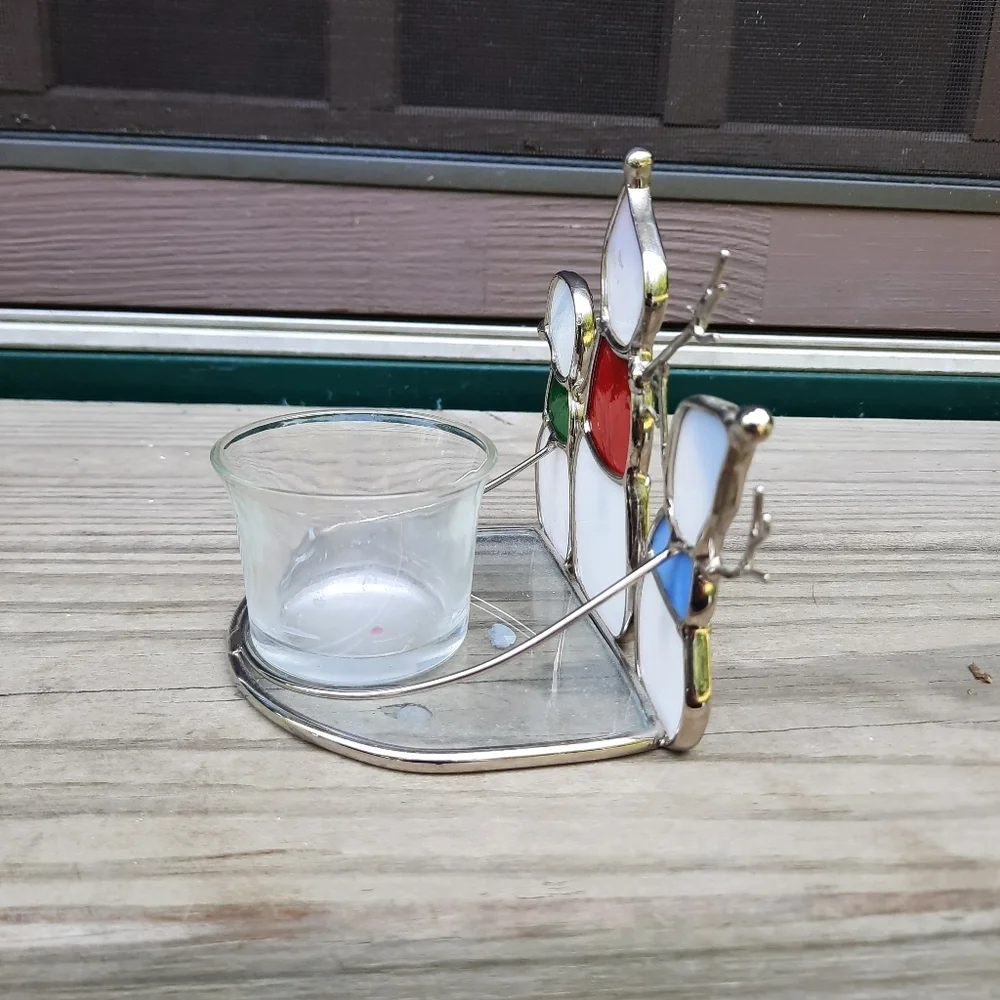 Stained Glass 3 Snowmen Votive Candle Holder Winter Christmas